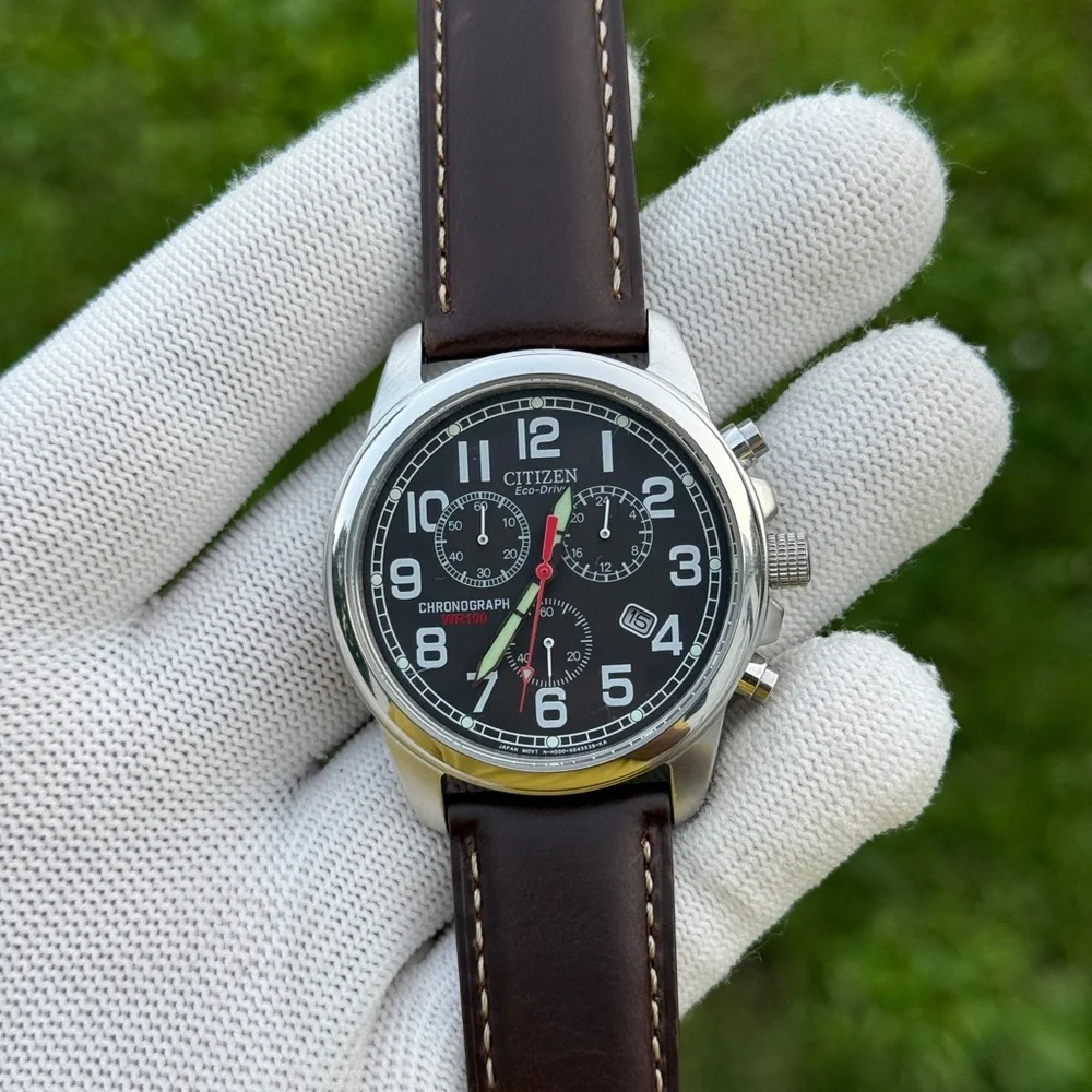 Citizen eco drive Chronograph with Black Dial and Brown Strap - Picture 5 of 9